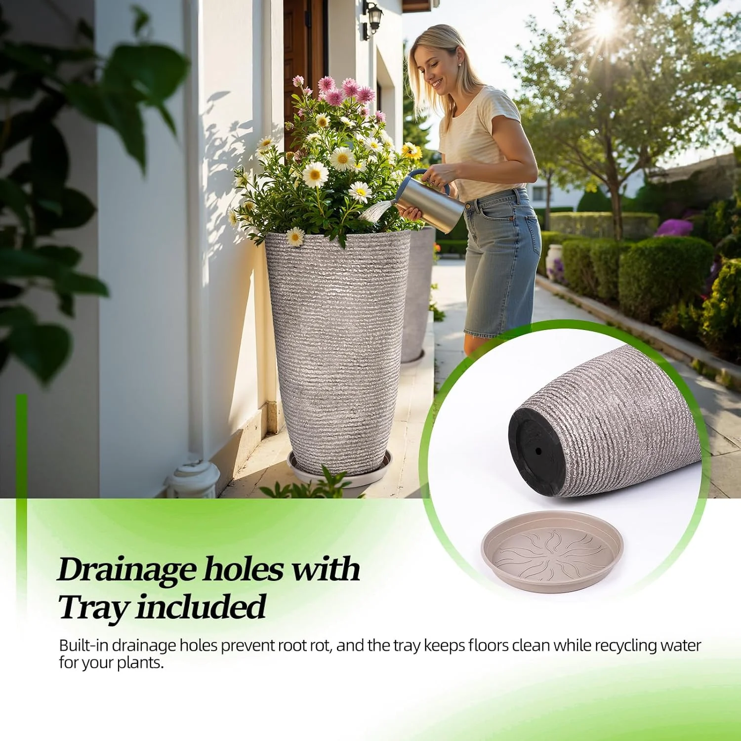 QCQHDU Large Tall Planters with Saucer,21in Faux Stone Round Pots for Indoor Plants, Outdoor Patio & Porch Decor, Heavy Duty Weatherproof Plant Containers,Grey QCQHDU Large Tall Planters with Saucer,21in Faux Stone Round Pots for Indoor Plants, Outdoor Patio & Porch Decor, Heavy Duty Weatherproof Plant Containers,Grey