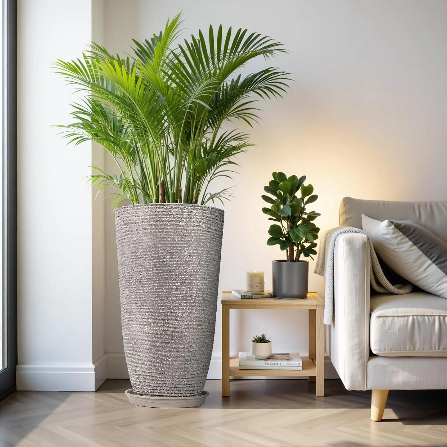 QCQHDU Large Tall Planters with Saucer,21in Faux Stone Round Pots for Indoor Plants, Outdoor Patio & Porch Decor, Heavy Duty Weatherproof Plant Containers,Grey QCQHDU Large Tall Planters with Saucer,21in Faux Stone Round Pots for Indoor Plants, Outdoor Patio & Porch Decor, Heavy Duty Weatherproof Plant Containers,Grey