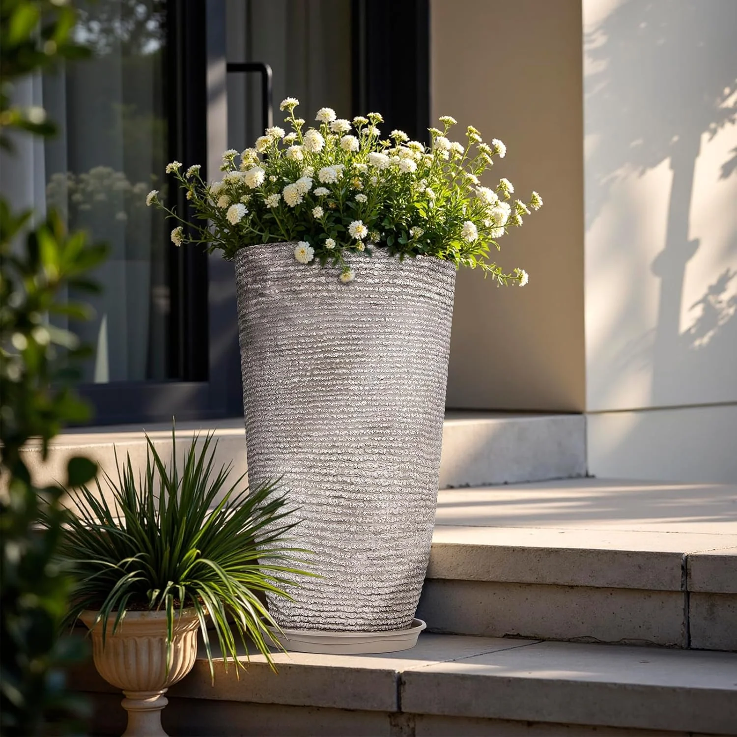 QCQHDU Large Tall Planters with Saucer,21in Faux Stone Round Pots for Indoor Plants, Outdoor Patio & Porch Decor, Heavy Duty Weatherproof Plant Containers,Grey QCQHDU Large Tall Planters with Saucer,21in Faux Stone Round Pots for Indoor Plants, Outdoor Patio & Porch Decor, Heavy Duty Weatherproof Plant Containers,Grey