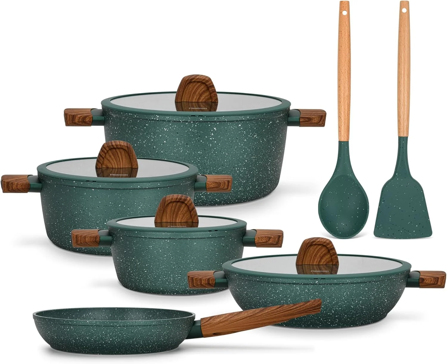 ست ظروف آشپزی 11 پارچه فیسمن مدل فالاک آلومینیومی با پوشش نچسب شامل قابلمه 20، 24 و 28 سانتی‌متری، تابه کم عمق 28 سانتی‌متری، تابه سرخ کن 24 سانتی‌متری + قاشق و کفگیر آشپزی