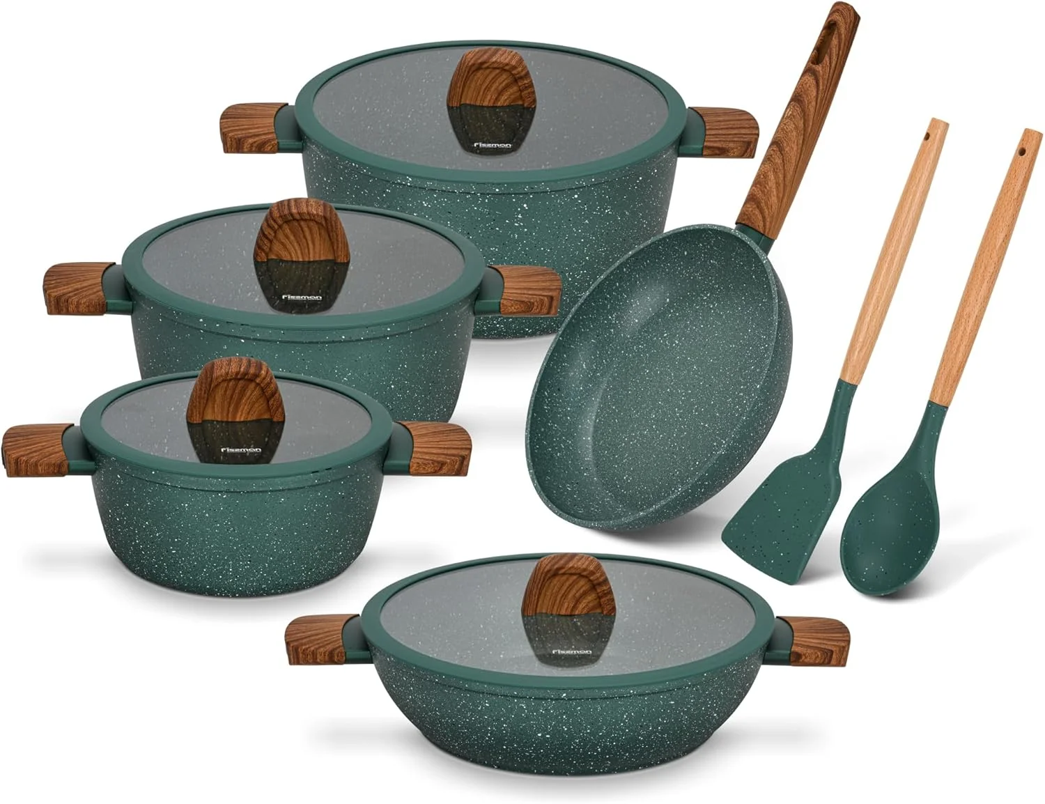 ست ظروف آشپزی 11 پارچه فیسمن مدل فالاک آلومینیومی با پوشش نچسب شامل قابلمه 20، 24 و 28 سانتی‌متری، تابه کم عمق 28 سانتی‌متری، تابه سرخ کن 24 سانتی‌متری + قاشق و کفگیر آشپزی