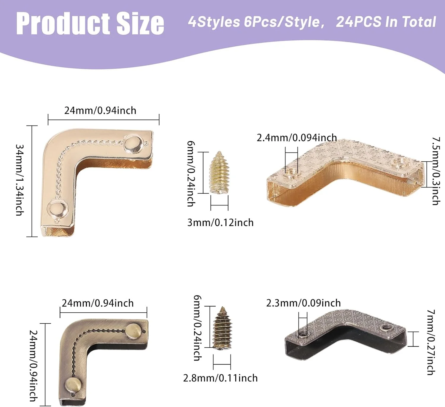 CHGCRAFT 24 Piece Set, 4 Metal Handbag Hollow Corner Protectors, Four-Color, Edge Protection Decorative Corner Protectors for Handbags, Wallets, Books, and Photo Frames, Decorative Buckles CHGCRAFT 24 Piece Set, 4 Metal Handbag Hollow Corner Protectors, Four-Color, Edge Protection Decorative Corner Protectors for Handbags, Wallets, Books, and Photo Frames, Decorative Buckles