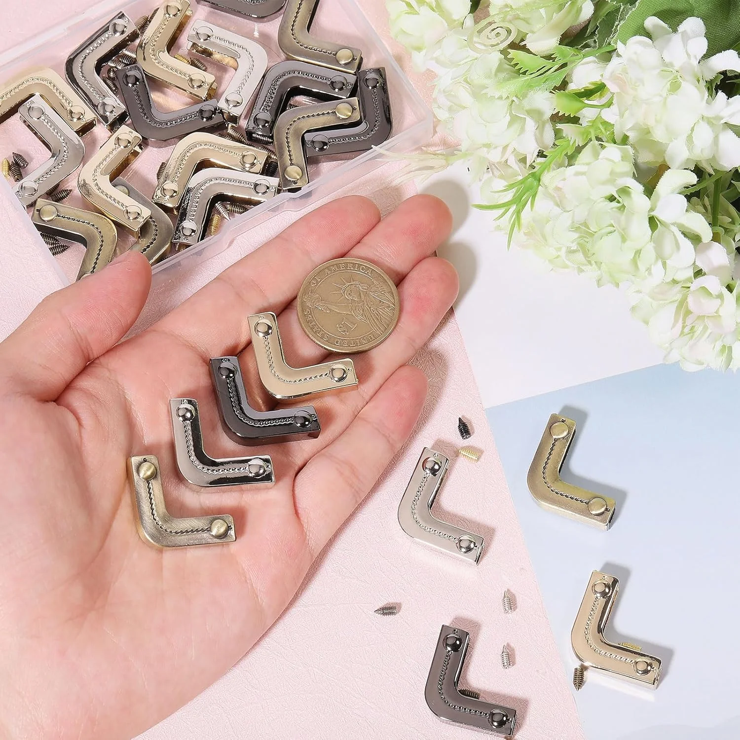 CHGCRAFT 24 Piece Set, 4 Metal Handbag Hollow Corner Protectors, Four-Color, Edge Protection Decorative Corner Protectors for Handbags, Wallets, Books, and Photo Frames, Decorative Buckles CHGCRAFT 24 Piece Set, 4 Metal Handbag Hollow Corner Protectors, Four-Color, Edge Protection Decorative Corner Protectors for Handbags, Wallets, Books, and Photo Frames, Decorative Buckles