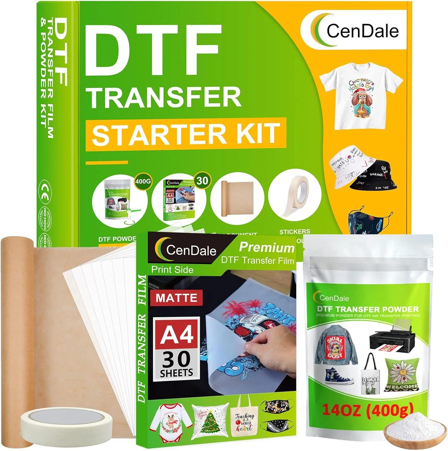 کیت سابلیمیشن DTF CenDale - 30 برگه فیلم DTF A4 برای هک سابلیمیشن، پودر DTF سفید 400 گرمی، کیت شروع انتقال DTF، فیلم انتقال DTF پوست گرم و سرد و کیت پودر برای چاپگر DTF و سابلیمیشن