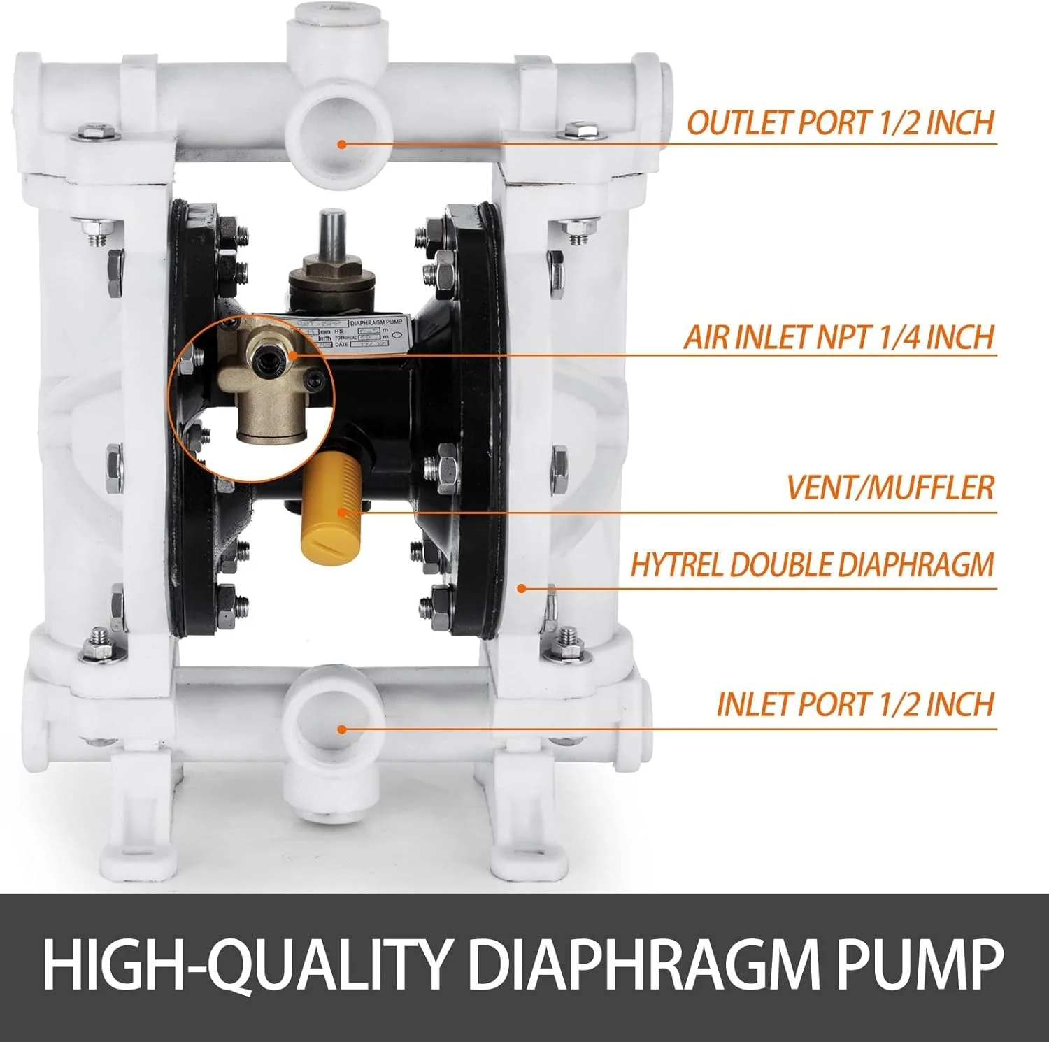 پمپ دیافراگمی دوگانه بادی GZDtdsd با ورودی/خروجی 1/2 اینچ پلی پروپیلن حداکثر 13 GPM و 100 PSI برای استفاده در صنایع شیمیایی پمپ دیافراگمی دوگانه بادی GZDtdsd با ورودی/خروجی 1/2 اینچ پلی پروپیلن حداکثر 13 GPM و 100 PSI برای استفاده در صنایع شیمیایی