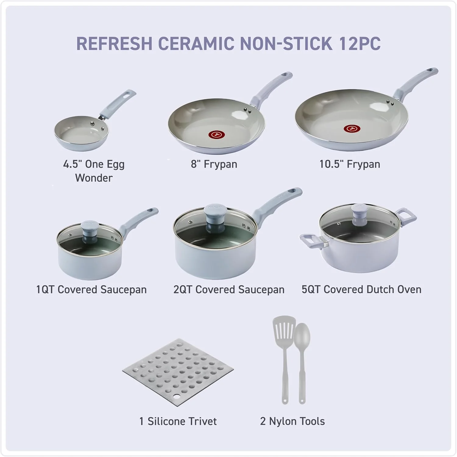 Tefal Refresh Ceramic, Ceramic Non Stick Cookware Set 12 Piece, Oven Broiler Safe 350F, Kitchen Cooking Set w/Egg Pan, Frying Pans, Saucepans, Dutch Oven, Lids, Tools, Pots and Pans Set Nonstick Blue Tefal Refresh Ceramic, Ceramic Non Stick Cookware Set 12 Piece, Oven Broiler Safe 350F, Kitchen Cooking Set w/Egg Pan, Frying Pans, Saucepans, Dutch Oven, Lids, Tools, Pots and Pans Set Nonstick Blue