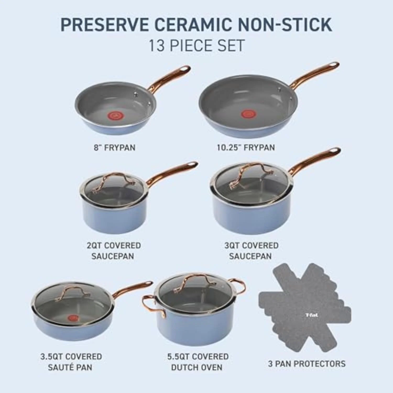 Tefal Preserve Ceramic, Ceramic Non Stick Cookware Set 13 Piece, Oven Broiler Safe 350F, Kitchen Cookware Set w/Frypans, Saucepans, Sautepan, Dutch Oven, Lids, Pan Protectors, Pots and Pans, Blue Tefal Preserve Ceramic, Ceramic Non Stick Cookware Set 13 Piece, Oven Broiler Safe 350F, Kitchen Cookware Set w/Frypans, Saucepans, Sautepan, Dutch Oven, Lids, Pan Protectors, Pots and Pans, Blue