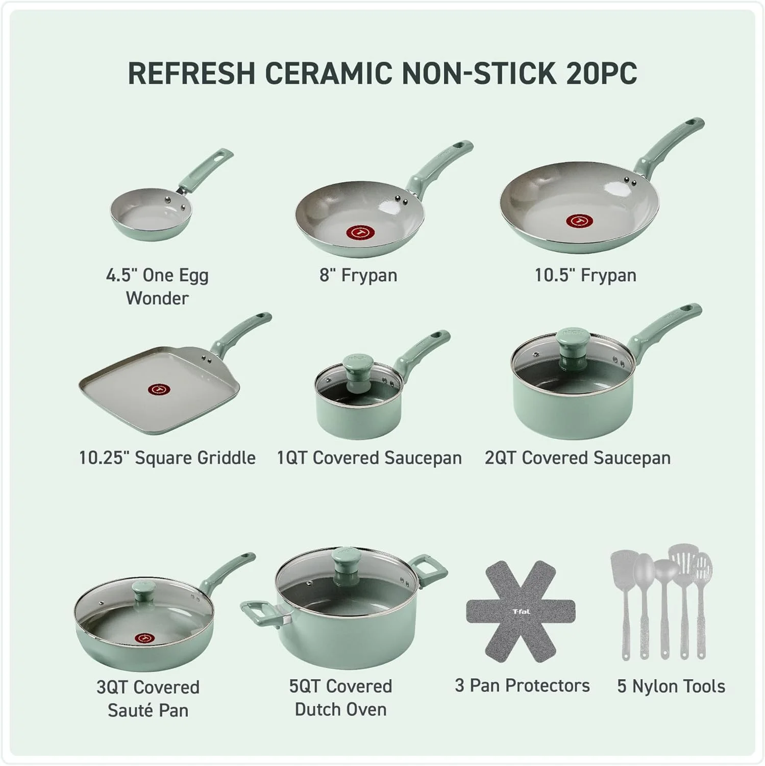 ست ظروف آشپزی 20 پارچه سرامیکی نچسب تفال مدل Ceramic Refresh، قابل استفاده در فر تا دمای 175 درجه سانتیگراد، شامل تابه سرخ کن، قابلمه، تابه گریل، تابه سس و ابزار آشپزی، رنگ سبز نعنایی ست ظروف آشپزی 20 پارچه سرامیکی نچسب تفال مدل Ceramic Refresh، قابل استفاده در فر تا دمای 175 درجه سانتیگراد، شامل تابه سرخ کن، قابلمه، تابه گریل، تابه سس و ابزار آشپزی، رنگ سبز نعنایی