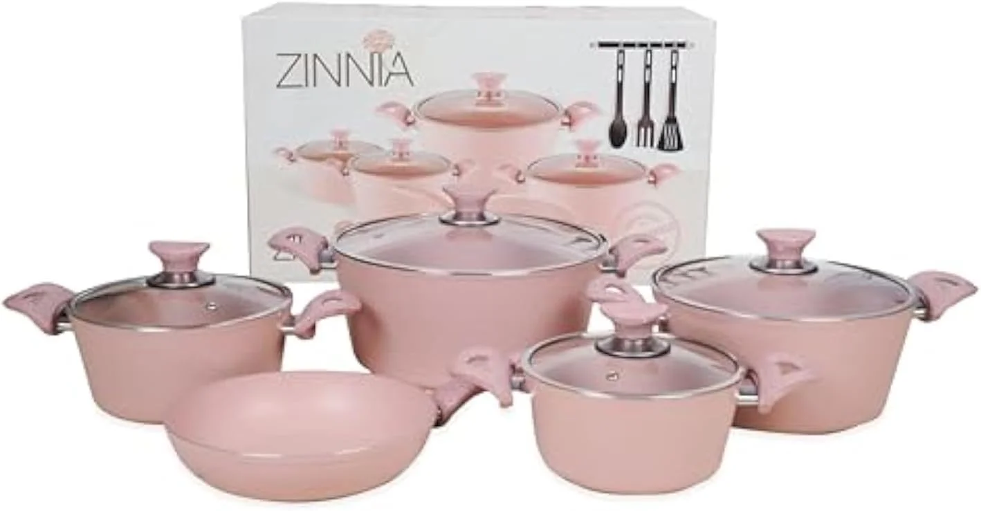 ست ۱۲ پارچه ظروف پخت و پز گرانیتی آلومینیومی نچسب Zinnia با درب شیشه ای، طرح سنگ مرمر صورتی ست ۱۲ پارچه ظروف پخت و پز گرانیتی آلومینیومی نچسب Zinnia با درب شیشه ای، طرح سنگ مرمر صورتی