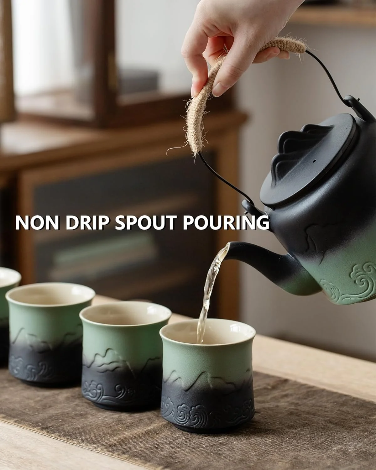 ست چای خوری ژاپنی وینتیج ZENS با 4 فنجان چای، قوری سرامیکی منقوش 1000 میلی لیتری با صافی داخلی برای دم کردن چای، قوری ژاپنی با دسته طنابی کنفی و طیف رنگی، هدیه ای برای دوستداران چای