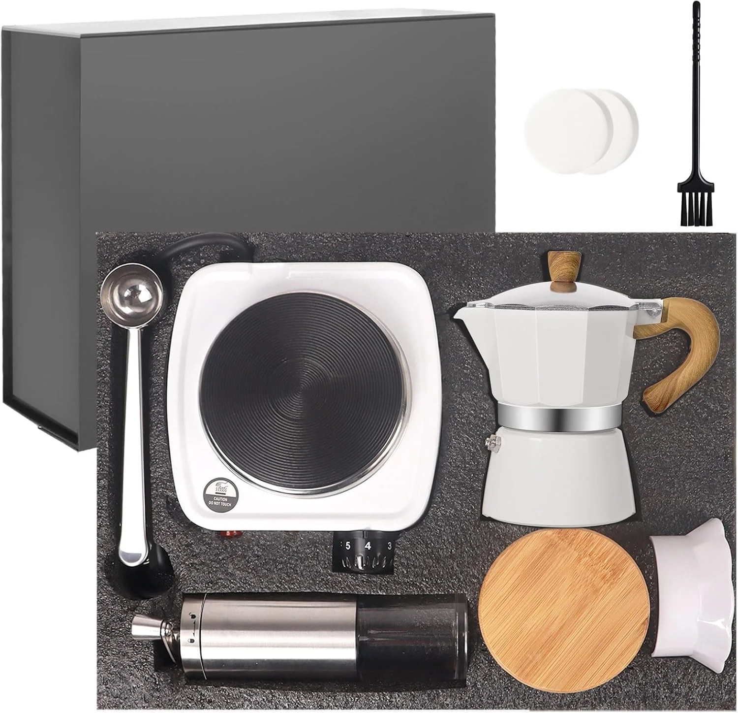 Vaolvpant 7-in-1 Aluminum Moka Pot Set with Electric Stove Hand Grinder Moka Dispenser Classic Stovetop Espresso Coffee Maker 150ml 5oz Mocha Express Portable Camping Travel Cafe Makers 3 Cup Vaolvpant 7-in-1 Aluminum Moka Pot Set with Electric Stove Hand Grinder Moka Dispenser Classic Stovetop Espresso Coffee Maker 150ml 5oz Mocha Express Portable Camping Travel Cafe Makers 3 Cup