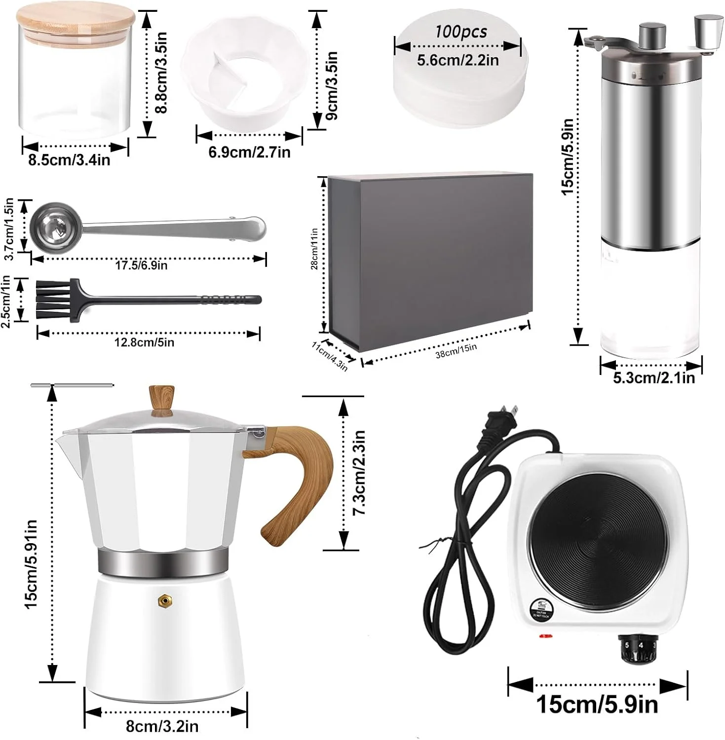 Vaolvpant 7-in-1 Aluminum Moka Pot Set with Electric Stove Hand Grinder Moka Dispenser Classic Stovetop Espresso Coffee Maker 150ml 5oz Mocha Express Portable Camping Travel Cafe Makers 3 Cup Vaolvpant 7-in-1 Aluminum Moka Pot Set with Electric Stove Hand Grinder Moka Dispenser Classic Stovetop Espresso Coffee Maker 150ml 5oz Mocha Express Portable Camping Travel Cafe Makers 3 Cup