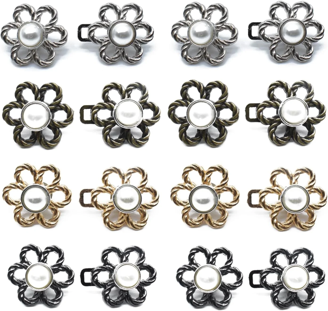 catin Flower Jeans Button, 8 Sets Pant Waist Tightener, Adjustable Waist Buckle Sets No Sew Detachable Waistband Buckles, Decorative Jean Buttons Pins for Loose Jeans, Pants