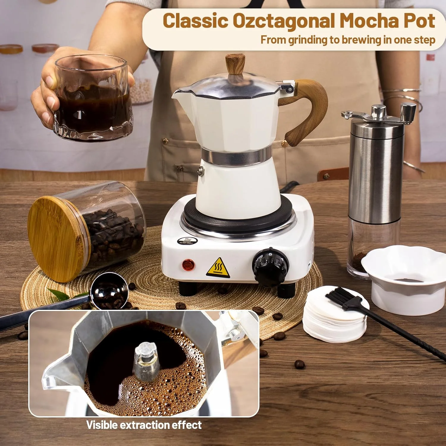 Vaolvpant 7-in-1 Aluminum Moka Pot Set with Electric Stove Hand Grinder Moka Dispenser Classic Stovetop Espresso Coffee Maker 150ml 5oz Mocha Express Portable Camping Travel Cafe Makers 3 Cup Vaolvpant 7-in-1 Aluminum Moka Pot Set with Electric Stove Hand Grinder Moka Dispenser Classic Stovetop Espresso Coffee Maker 150ml 5oz Mocha Express Portable Camping Travel Cafe Makers 3 Cup