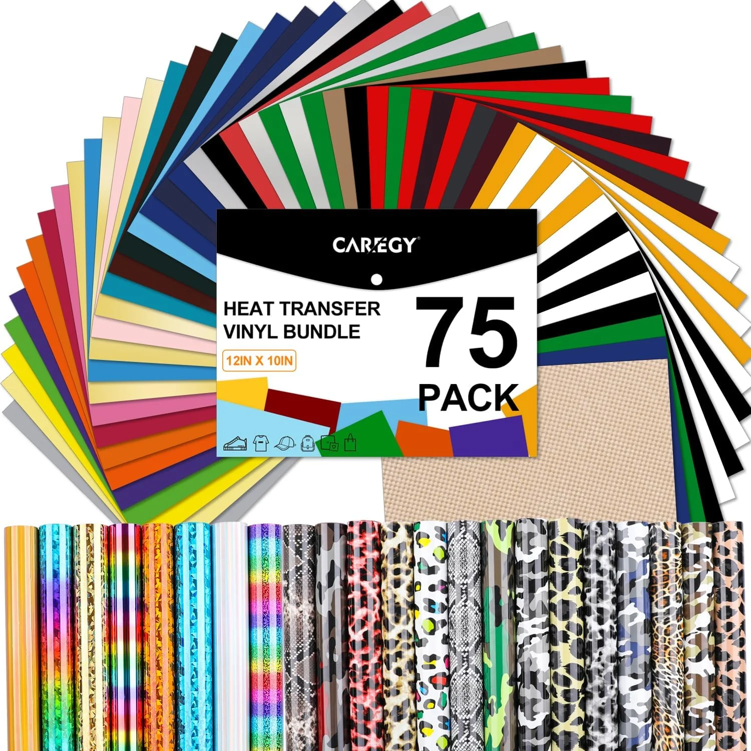 مجموعه وینیل انتقال حرارت CAREGY HTV: بسته 75 عددی 12" x 10" وینیل حرارتی برای تی شرت، 57 رنگ متنوع با موچین لوازم جانبی HTV برای همه دستگاه های برش یا دستگاه پرس حرارتی