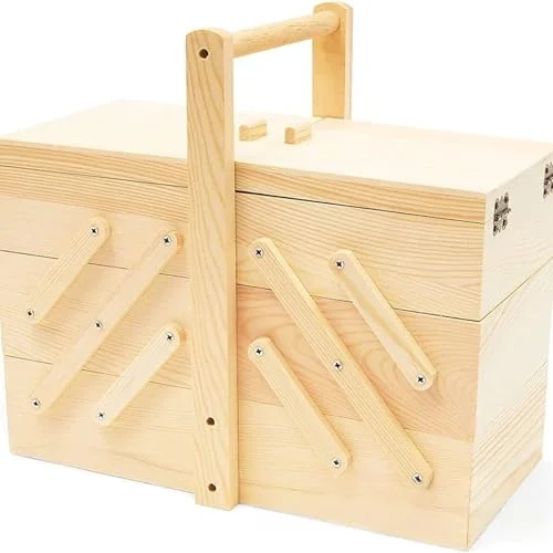 جعبه خیاطی، سبد خیاطی چوبی، جعبه نگهداری خیاطی چوبی تاشو 32x18x29 سانتی متر بژ برای سازماندهی اتاق کاردستی لوازم خیاطی