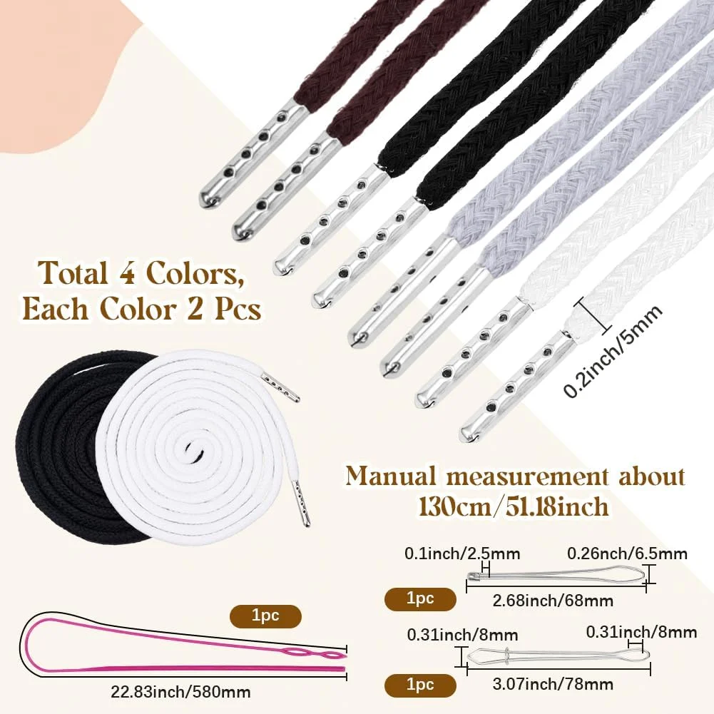 CABODYALS 4 Colors 8Pcs Replacement Drawstring with Easy Iron Bodkin Threaders Draw Strings Rope Tool Set Round Drawstring Cord Replacement Kit for Shorts Pants Jackets Coats Hoodies Bags Sweaters Diy