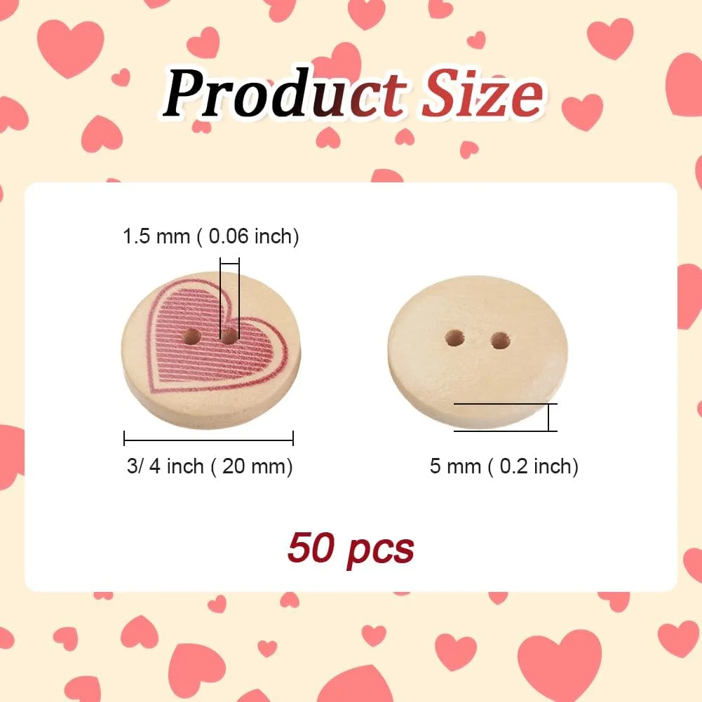 دکمه های چوبی رنگی طرح قلب CABODYALS، 20 میلی متر، 50 عدد، 2 سوراخ، دکمه های طبیعی چاپی، دکمه های خیاطی چوبی تخت گرد، مناسب برای خیاطی، ساخت کاردستی، لباس های روز ولنتاین، لوازم جانبی DIY