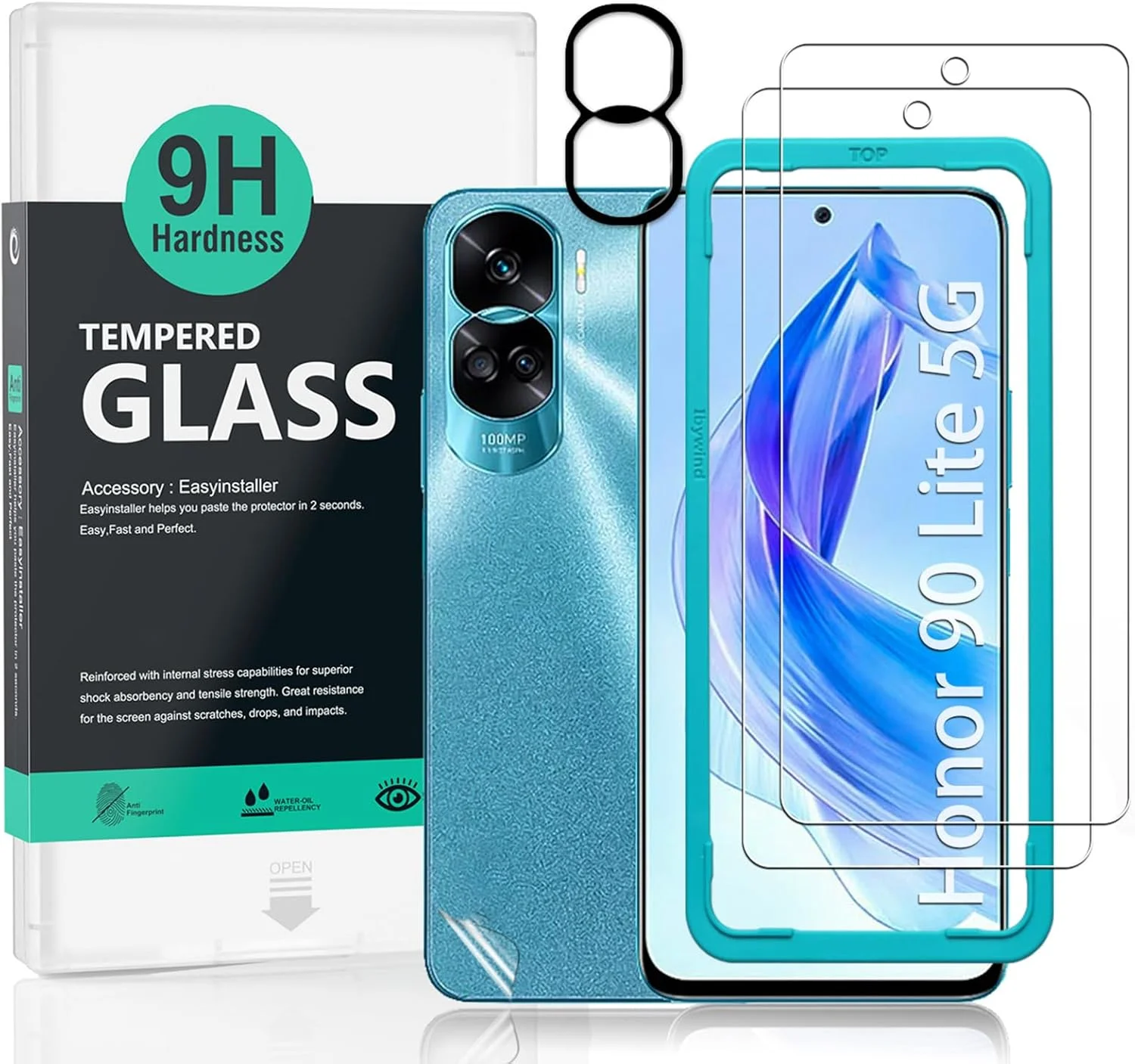 محافظ صفحه نمایش Ibywind برای گوشی آنر 90 لایت 5G (6.7 اینچ)، شامل 2 عدد شیشه حرارت دیده، 1 عدد محافظ لنز دوربین، 1 عدد فیلم فیبر کربنی پشتی [نصب آسان، سازگار با حسگر اثر انگشت]