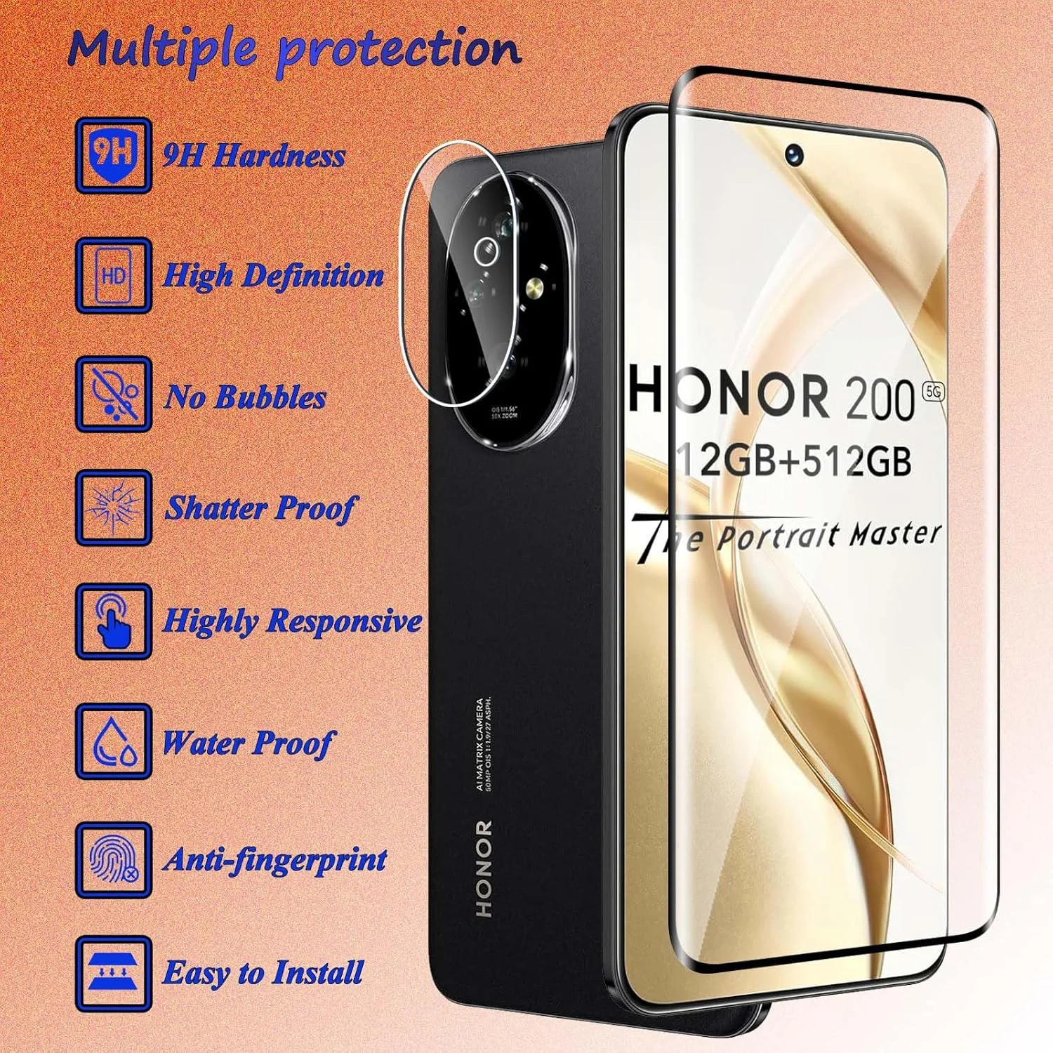 محافظ صفحه نمایش شیشه ای حرارت دیده Fyqzio [بسته 2+2] سازگار با Honor 200 5G و دوربین، بدون حباب، سختی 9H، ضد خش، خمیده سه بعدی، محافظ صفحه نمایش HD برای Honor 200 5G