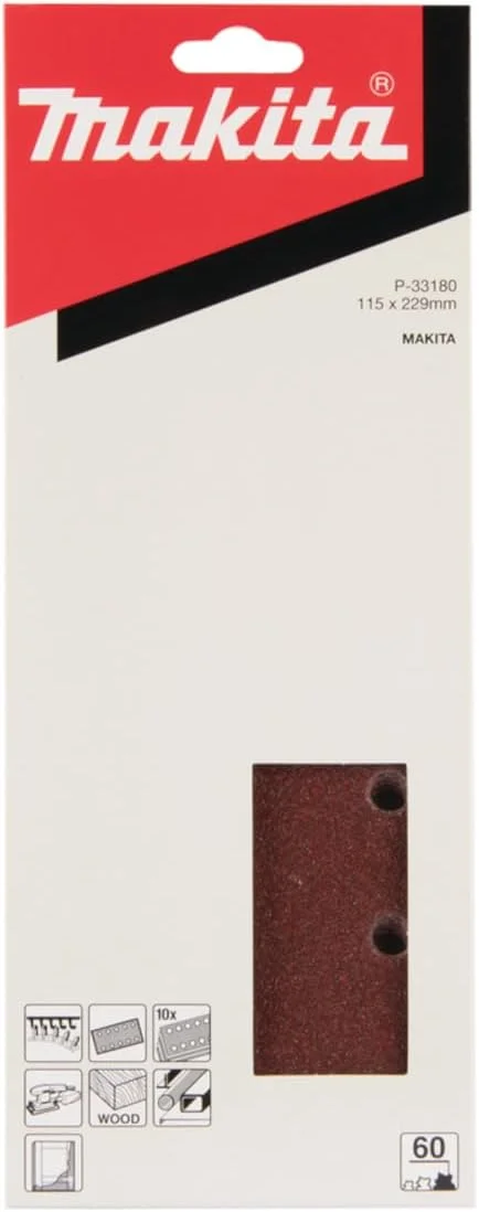کاغذ سنباده ماکیتا P-33180، ابعاد 115x229 میلی‌متر، زبری 60، چسبی (Velcro)، 10 سوراخ، 10 عدد