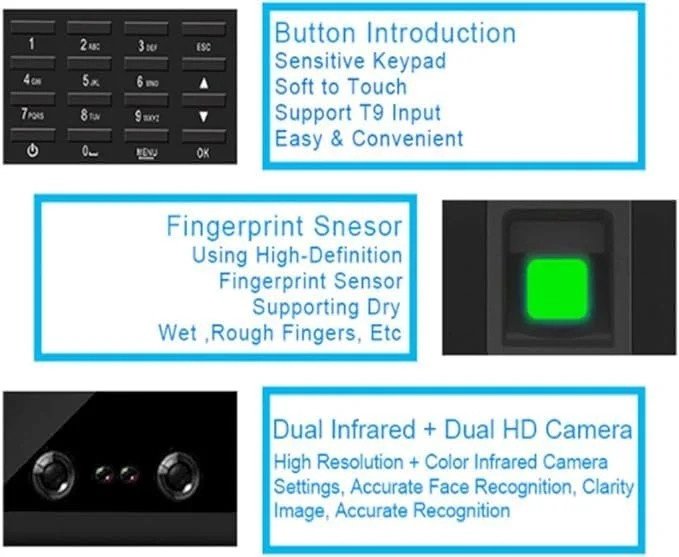 سیستم حضور و غیاب اثر انگشت تجاری DTREEL، سیستم تشخیص چهره و رمز عبور با صفحه نمایش TFT LCD، دوربین مادون قرمز، ضبط کننده ساعت بیومتریک USB