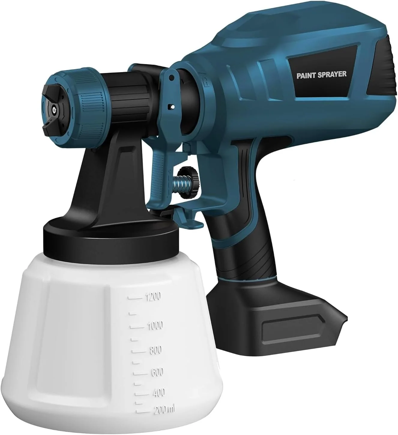 دستگاه رنگ پاش شارژی - سازگار با باتری 18 ولت MAKITA (فقط ابزار)، 3 الگو، مخزن 1200 میلی لیتری، 700 میلی لیتر در دقیقه، مناسب رنگ غلیظ (120 DIN/s)، برای حصار، مبلمان، کابینت، دیوار، درب (کیت 5 نازل)