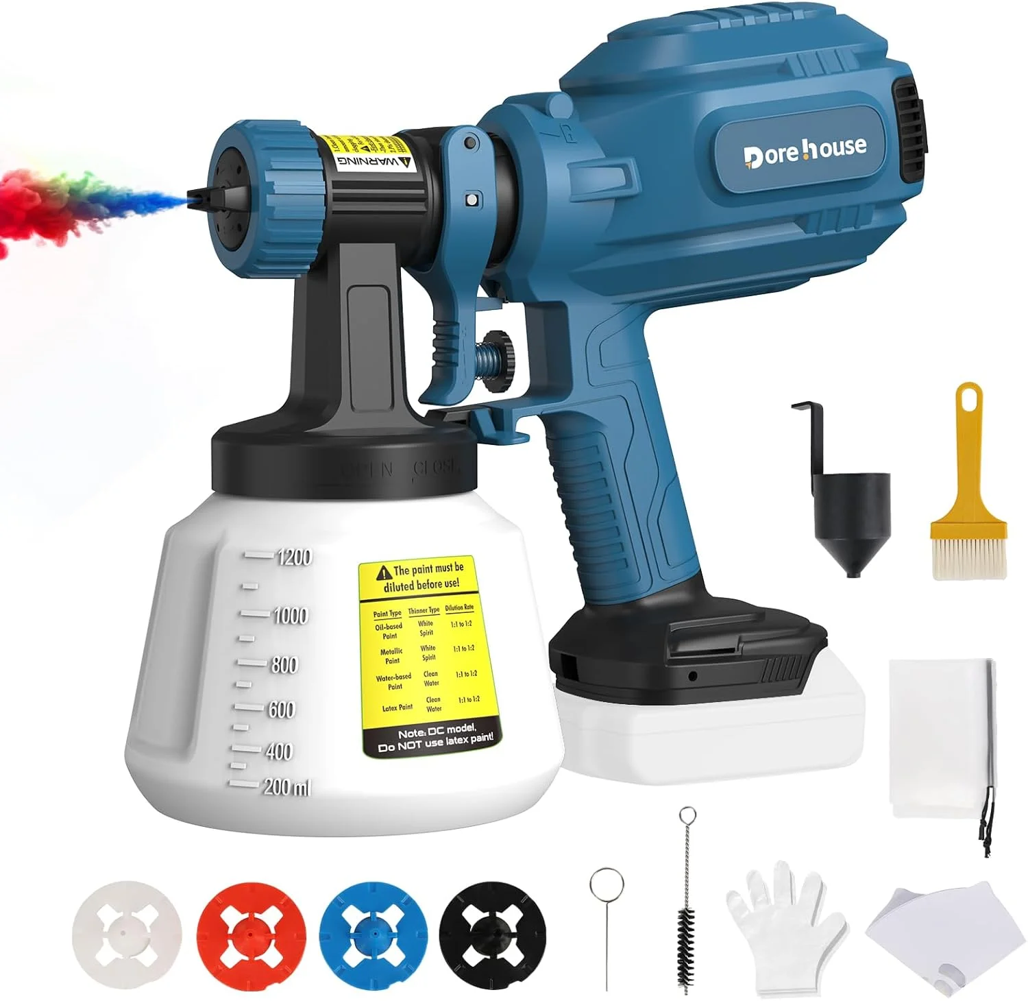 دستگاه رنگ پاش شارژی برای باتری 18 ولت ماکیتا (باتری شامل نمی شود)، دستگاه رنگ پاش حصار با مخزن 1200 میلی لیتری، با 4 نازل و 3 الگو، دستگاه رنگ پاش HVLP برای حصارها، سوله ها، دیوارها، مبلمان