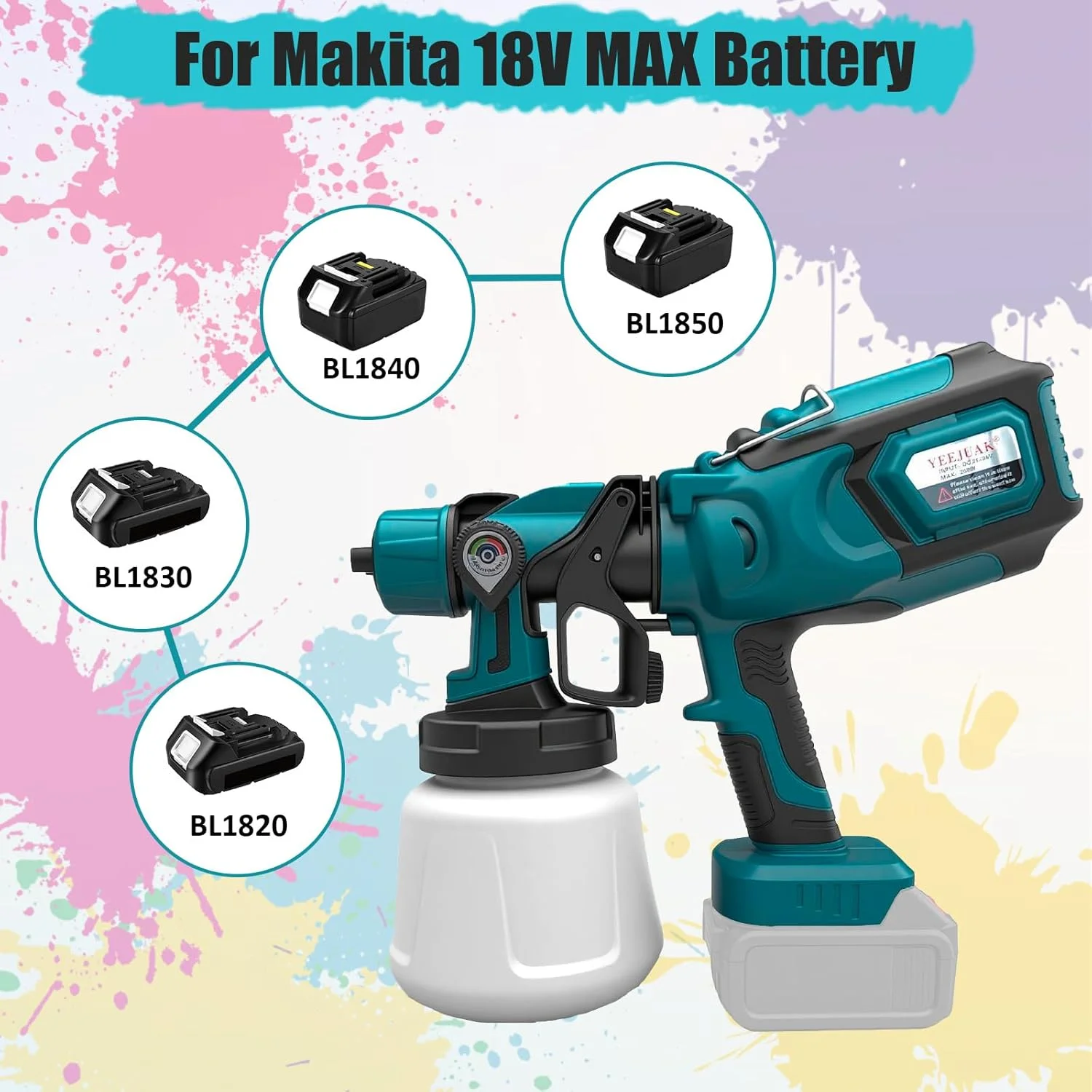 دستگاه رنگ پاش شارژی برای باتری ماکیتا، رنگ پاش حصار باغ با 3 حالت رنگ آمیزی، تفنگ اسپری دستی برای حصارها، سوله ها، عرشه یا مبلمان باغ، ظرفیت بطری اسپری 1000 میلی لیتری (بدون باتری)