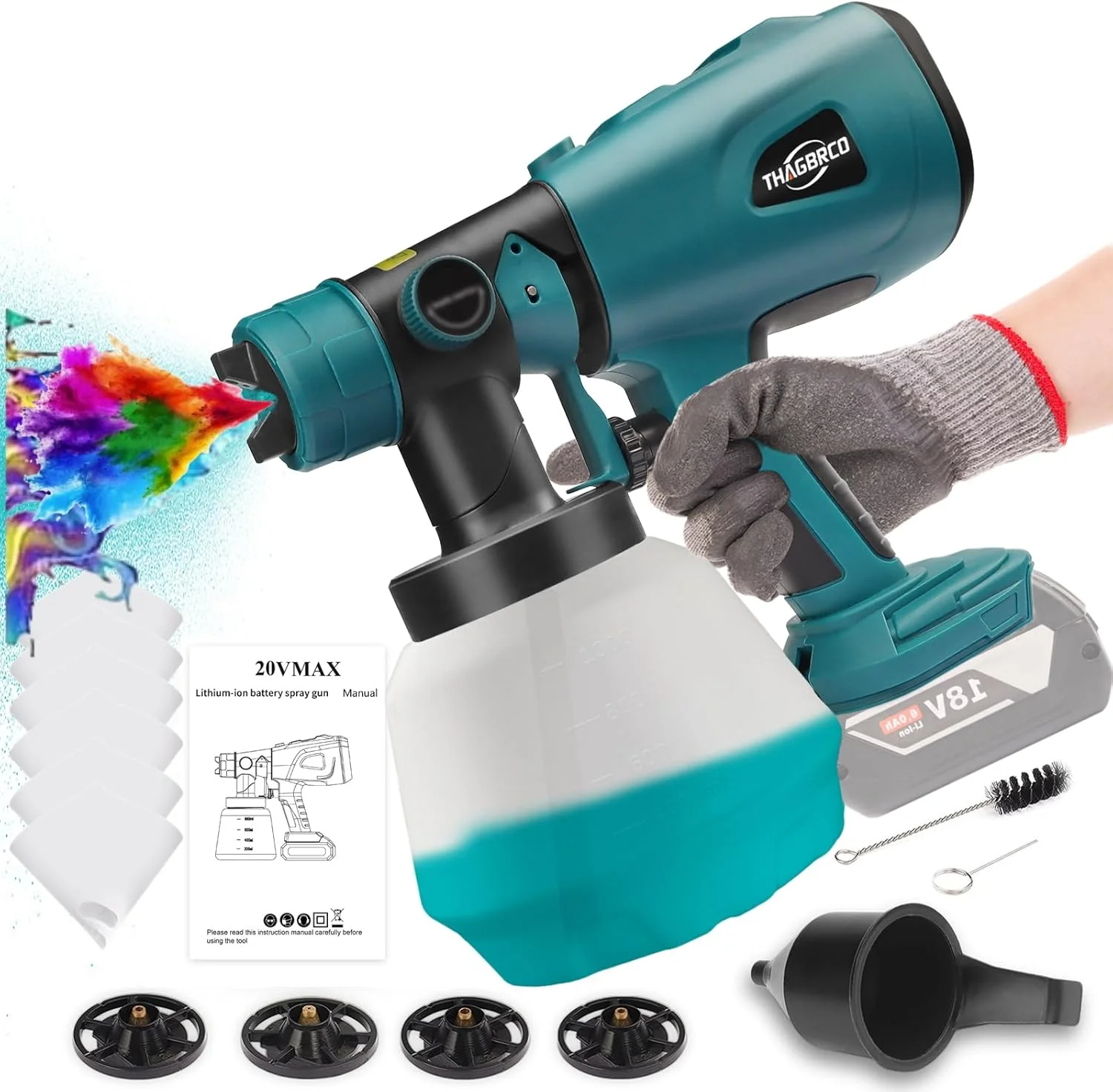 سیستم رنگ پاش باتری خور ThagBrco برای بوش 18 ولت GBA، مناسب برای BAT609 BAT610G BAT618G BAT619 تفنگ رنگ پاش برقی - 4 نازل / 3 مدل اسپری / 6 کاغذ فیلتر