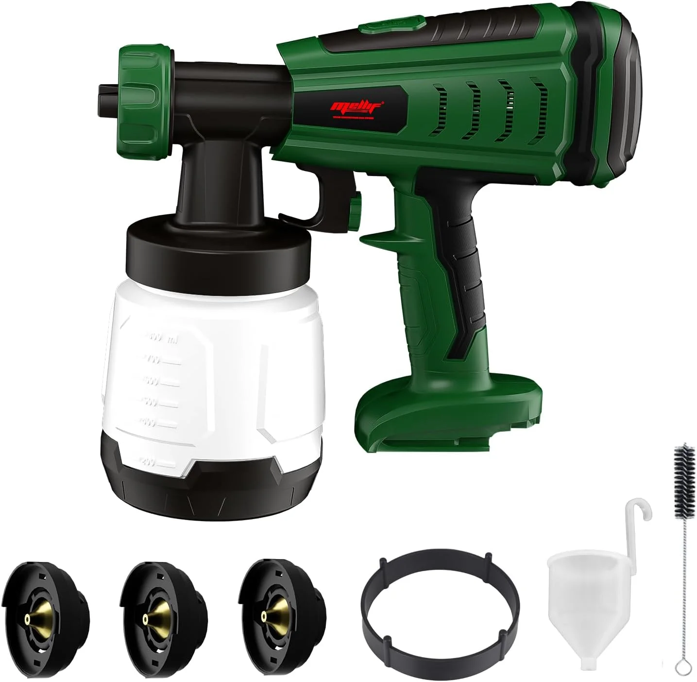 سیستم رنگ پاش باتری خور Mellif برای باتری 18 ولت بوش، رنگ پاش با مخزن 800 میلی لیتری، 3 نازل (1/1.5/2.5 میلی متر)، موتور براشلس، نرخ جریان 1000 میلی لیتر در دقیقه، تفنگ رنگ پاش برای دیوارها، مبلمان