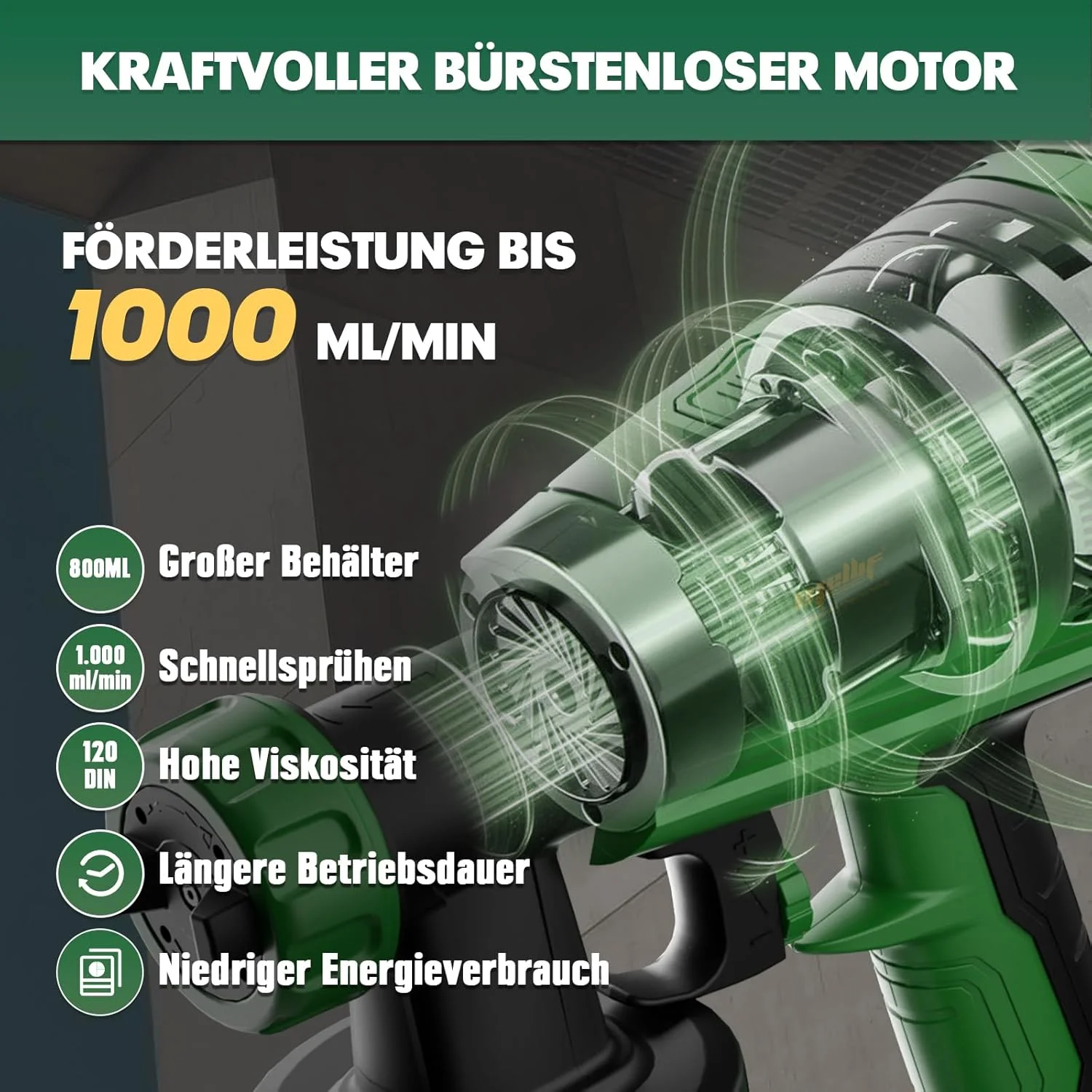 سیستم رنگ پاش باتری خور Mellif برای باتری 18 ولت بوش، رنگ پاش با مخزن 800 میلی لیتری، 3 نازل (1/1.5/2.5 میلی متر)، موتور براشلس، نرخ جریان 1000 میلی لیتر در دقیقه، تفنگ رنگ پاش برای دیوارها، مبلمان