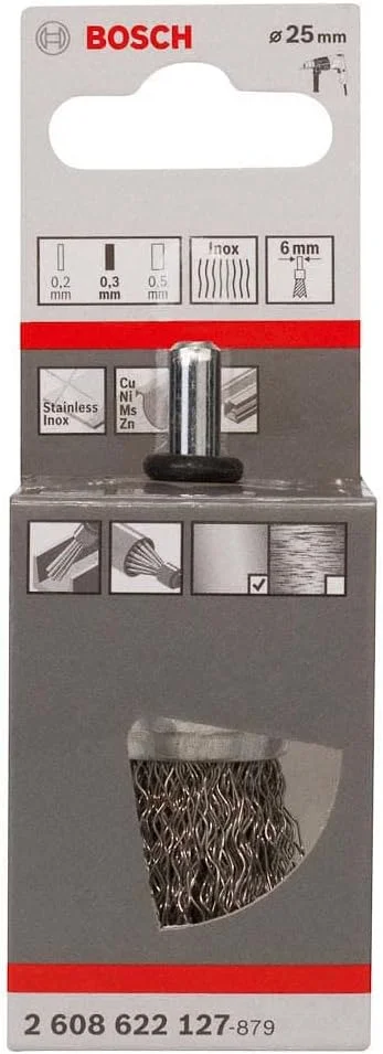 برس مدادی ساقه دار بوش 2608622127، سیم موج دار، استیل ضد زنگ 0.3 میلی متر، 25 میلی متر × 6 میلی متر، نقره ای