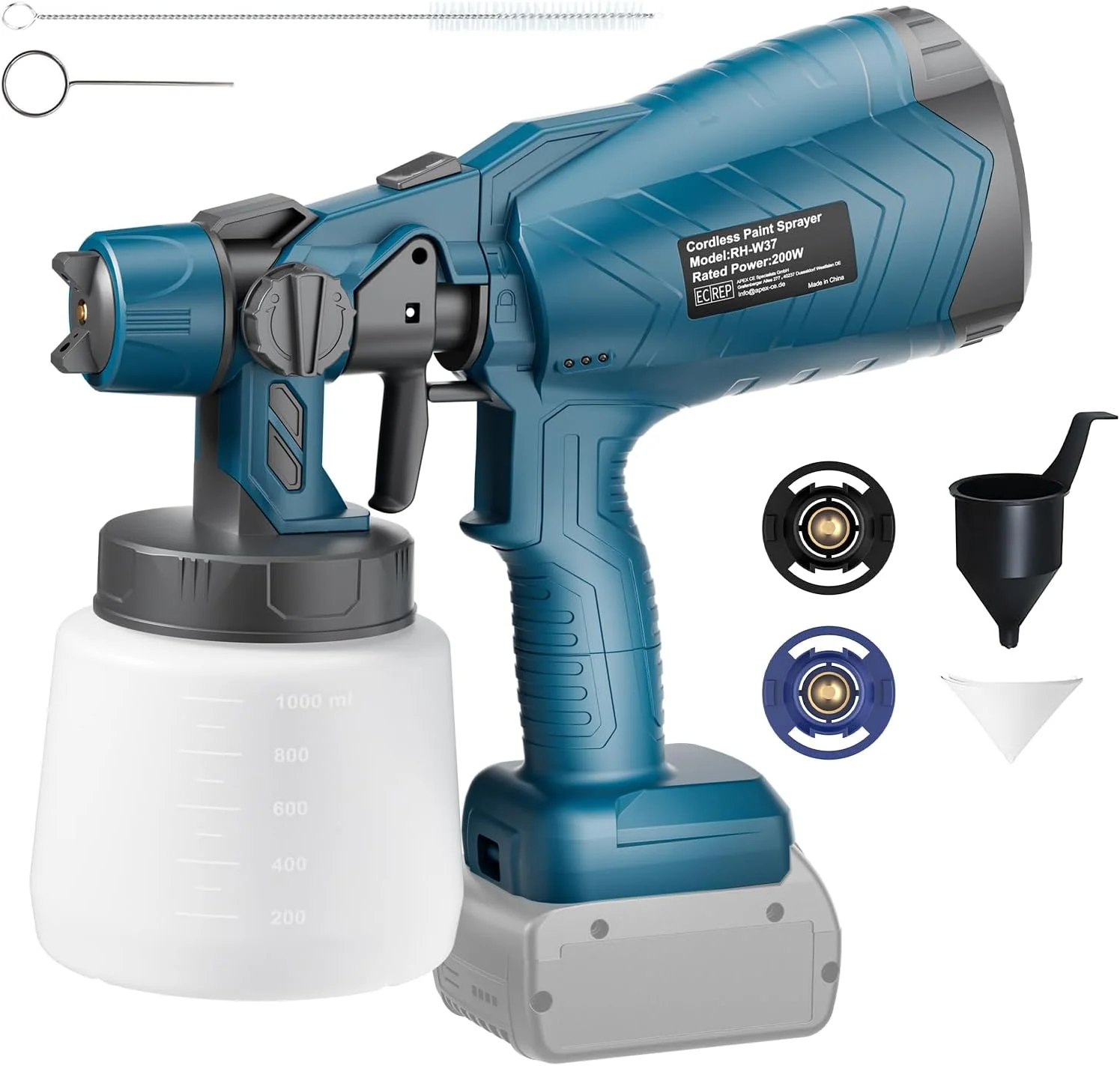 سیستم رنگ پاش بی سیم برای باتری 18 ولت بوش (بدون باتری)، رنگ پاش باتری خور برای حصارها و رنگ دیوار، تفنگ رنگ پاشی، رنگ پاش دستی برای نقاشی DIY خانگی، 3 الگوی پاشش و 1000 میلی لیتر