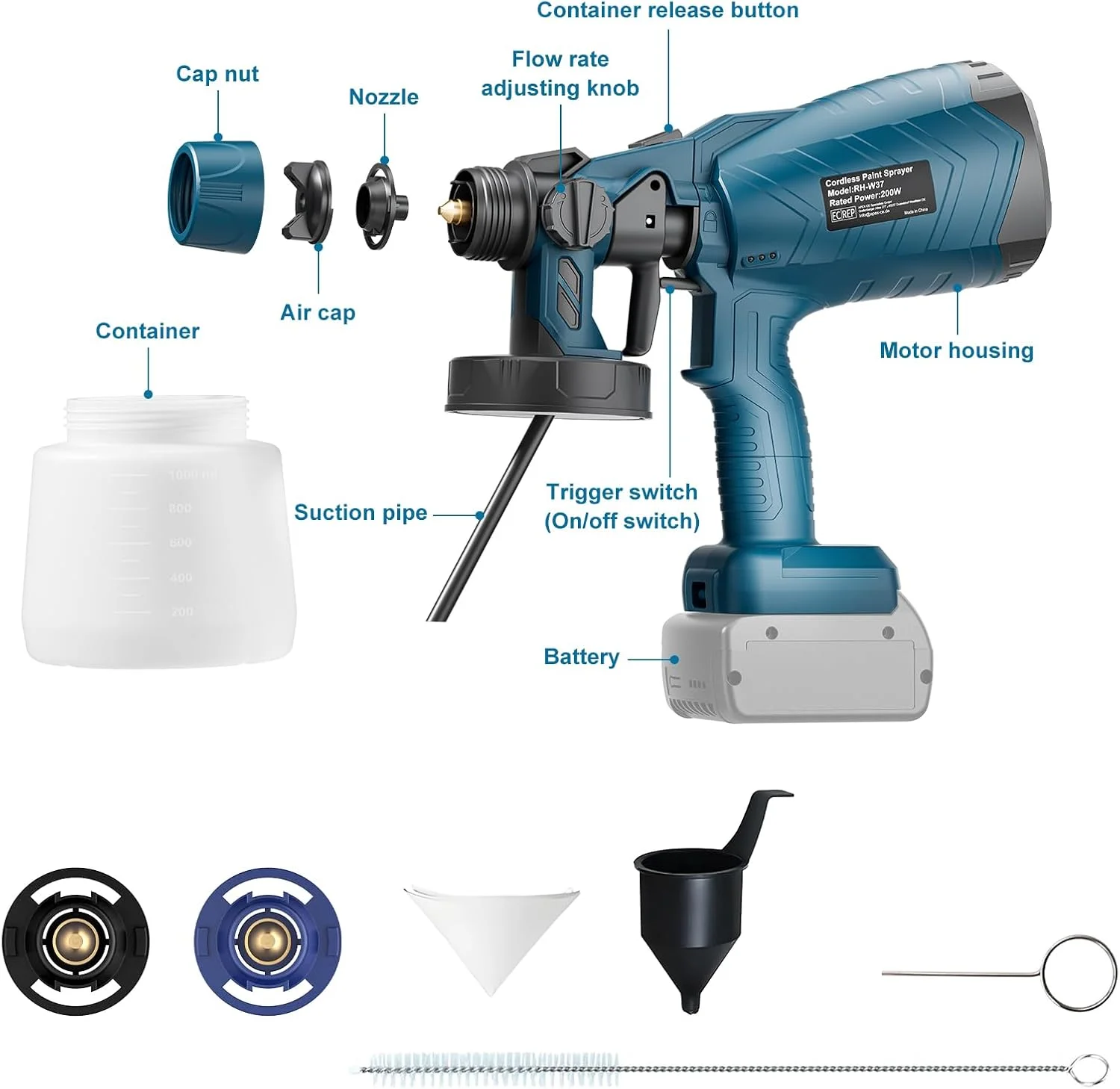 سیستم رنگ پاش بی سیم برای باتری 18 ولت بوش (بدون باتری)، رنگ پاش باتری خور برای حصارها و رنگ دیوار، تفنگ رنگ پاشی، رنگ پاش دستی برای نقاشی DIY خانگی، 3 الگوی پاشش و 1000 میلی لیتر