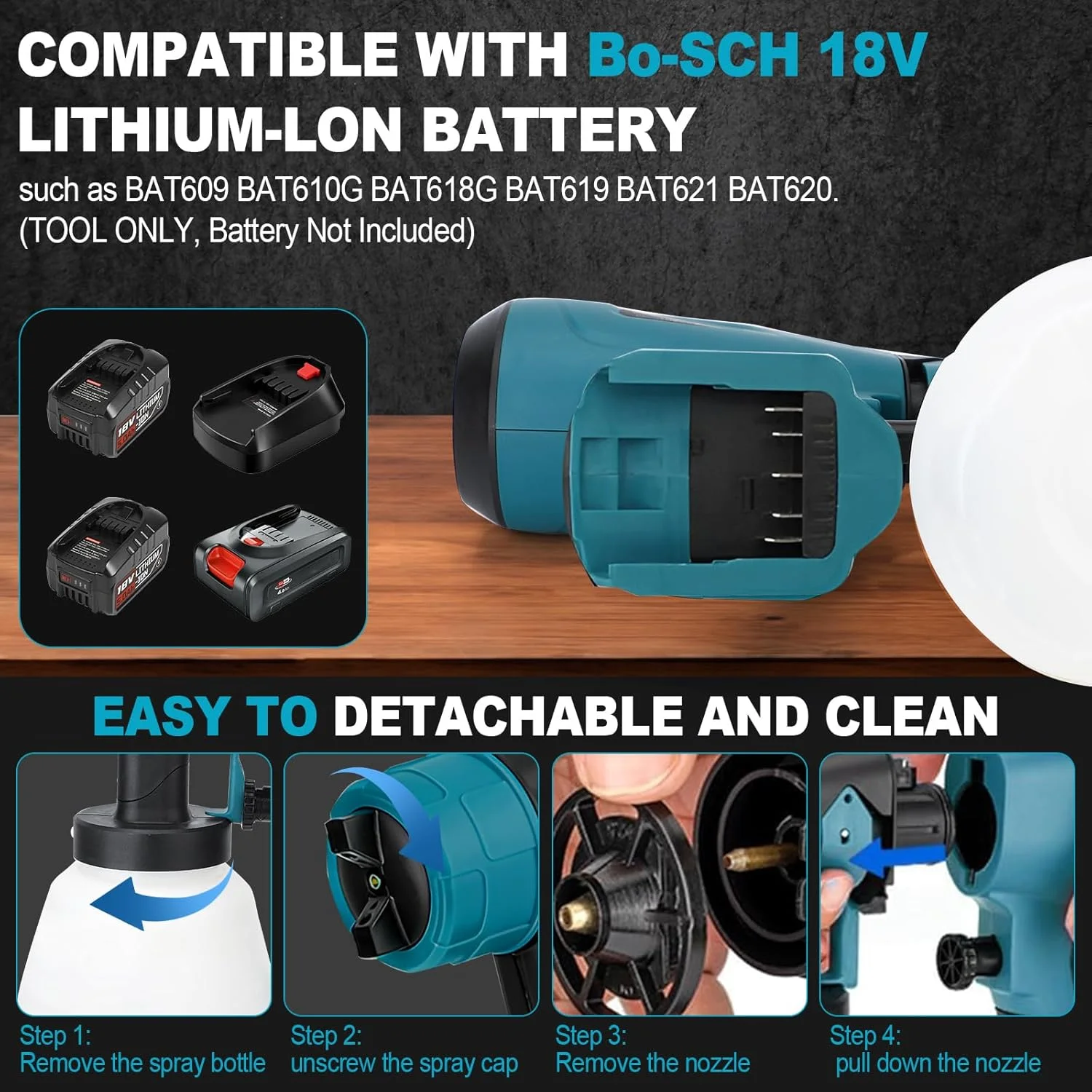 دستگاه رنگ پاش شارژی سازگار با باتری 18 ولت بوش، تفنگ رنگ پاش برقی دستی بدون برس HVLP با 4 نازل، 3 الگو و مخزن 1000 میلی لیتری مناسب برای نرده کشی، عرشه، دیوار و مبلمان