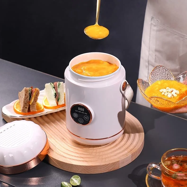 اجاق برقی قابل حمل AJWYSOI، قابلمه برقی کوچک قابل حمل 0.6 لیتری نچسب، آرام پز، پلوپز، تنظیم 12 ساعته، چند منظوره با درب برای مسافرت/خوابگاه