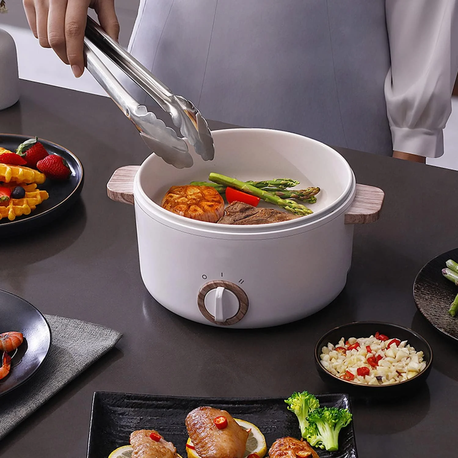 دیگ برقی آنجو، دیگ برقی چند منظوره کوچک 1.5 لیتری برای شابو-شابو، سرخ کردن، نودل، پاستا، تابه نچسب برای تفت دادن، دیگ رامن با کنترل دوگانه قدرت برای خوابگاه و دفتر
