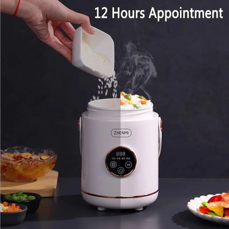 اجاق برقی قابل حمل AJWYSOI، قابلمه برقی کوچک قابل حمل 0.6 لیتری نچسب، آرام پز، پلوپز، تنظیم 12 ساعته، چند منظوره با درب برای مسافرت/خوابگاه