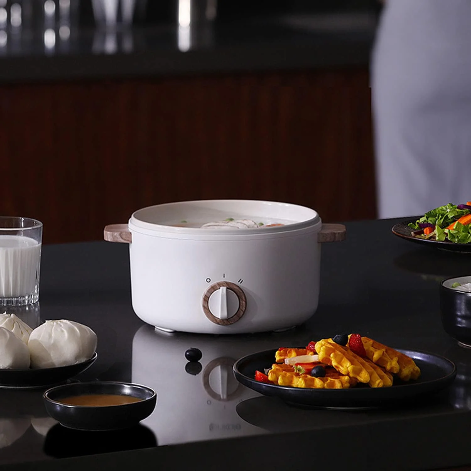 دیگ برقی آنجو، دیگ برقی چند منظوره کوچک 1.5 لیتری برای شابو-شابو، سرخ کردن، نودل، پاستا، تابه نچسب برای تفت دادن، دیگ رامن با کنترل دوگانه قدرت برای خوابگاه و دفتر
