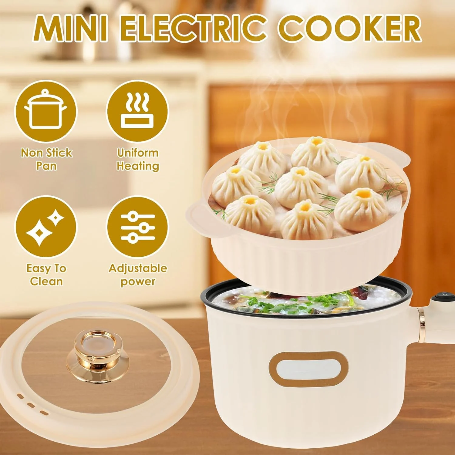 دیگ برقی آزونه با بخارپز، تابه نچسب قابل حمل 1.6 لیتری با کنترل دوگانه قابل تنظیم، دیگ چند منظوره کوچک برای سرخ کردن استیک، نودل، سوپ، پاستا، سبزیجات و تخم مرغ