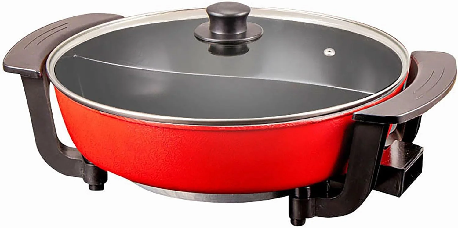 هات پات برقی با جداکننده، قابلمه برقی 6 لیتری 1200 واتی دو طرفه با درب، کنترل دما، برای هات پات، فوندو، شیشا، تمیز کردن آسان