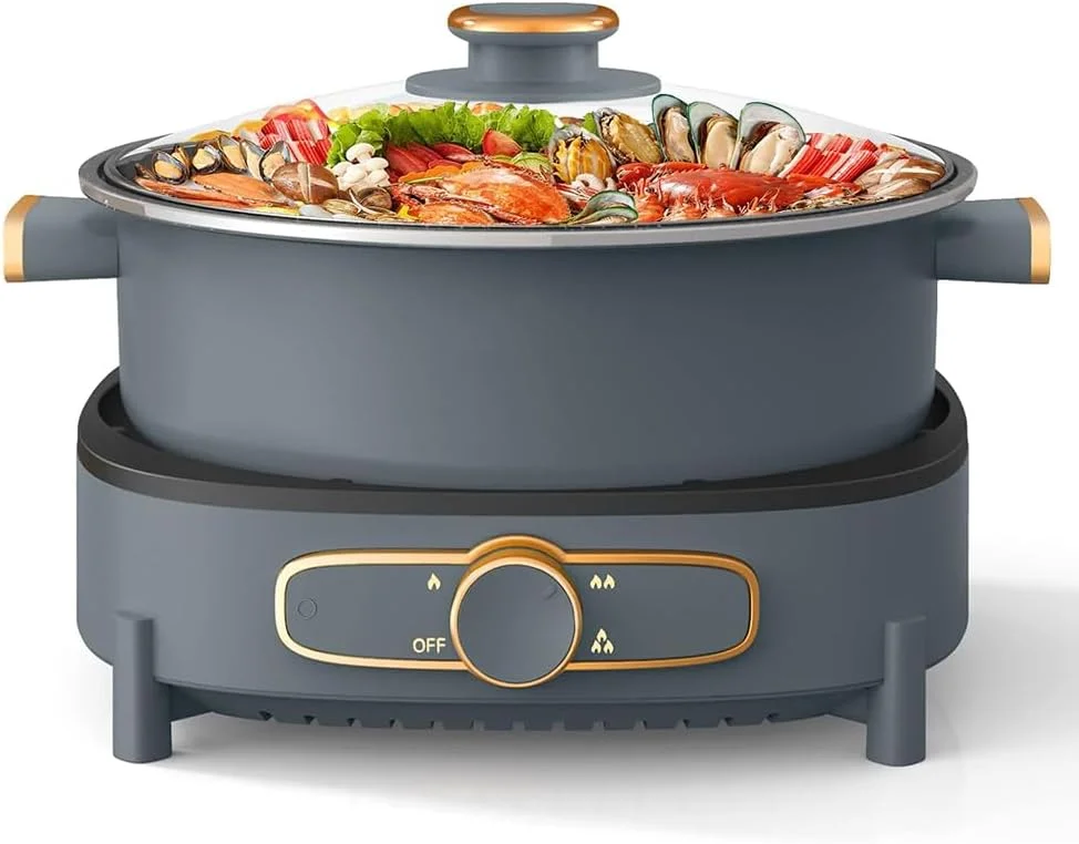 دیگ شابو شابو برقی Exrp با دیگ جداشدنی نچسب 4 لیتری، کنترل چندگانه قدرت، عمق 9 سانتی متر، درب شیشه ای مقاوم برای مهمانی، دورهمی خانوادگی و دوستانه