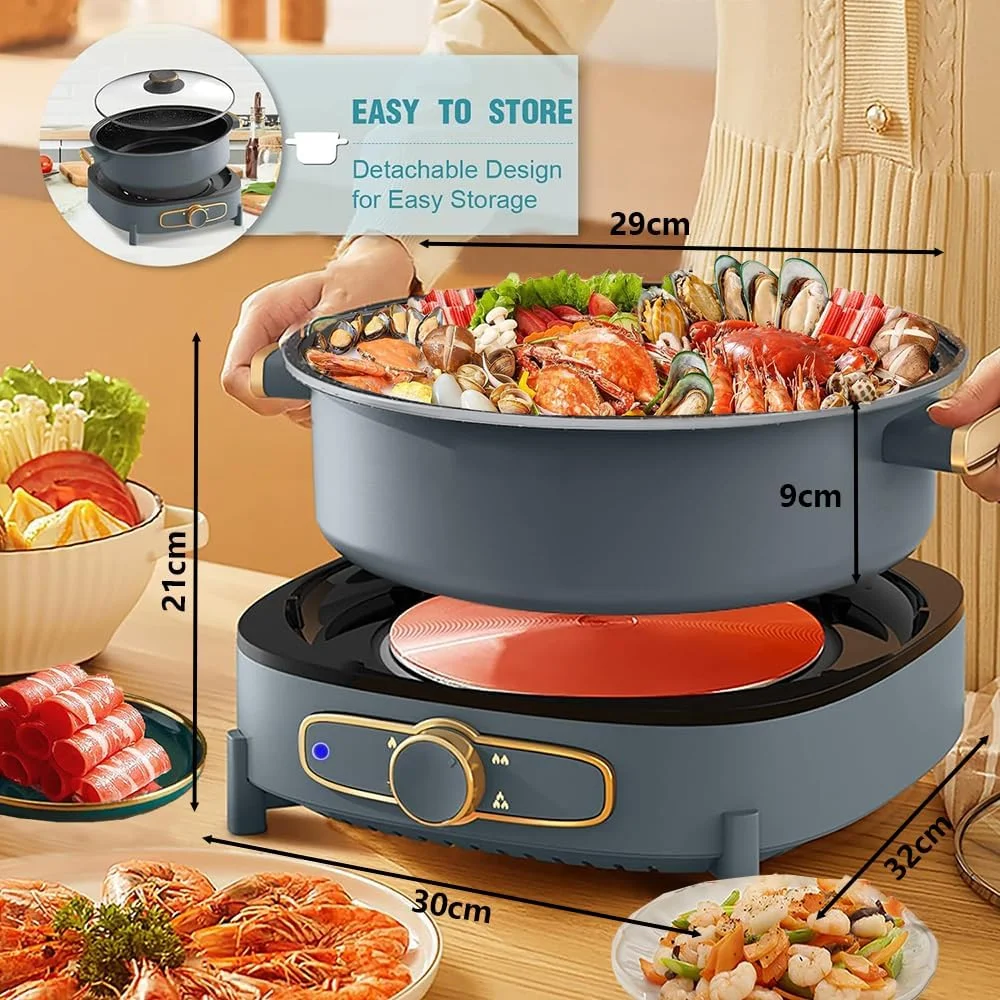 دیگ شابو شابو برقی Exrp با دیگ جداشدنی نچسب 4 لیتری، کنترل چندگانه قدرت، عمق 9 سانتی متر، درب شیشه ای مقاوم برای مهمانی، دورهمی خانوادگی و دوستانه