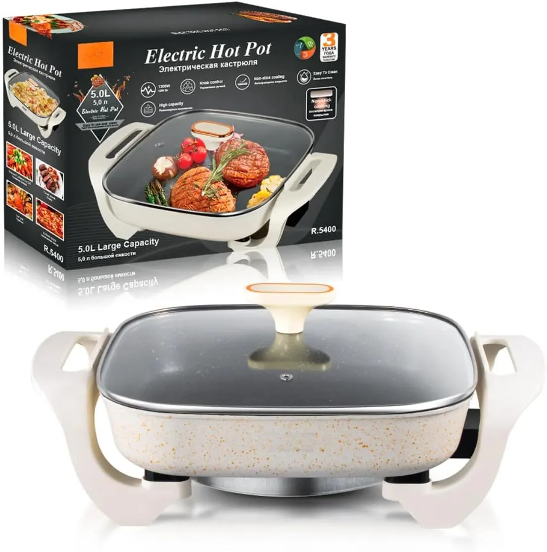 Electric Frying Pan Non-Stick, Multi-Function Cooker with 500W/1000W Power, Steamer, Portable Electric Hot Pot for Steak, Eggs, Noodles, Fried Rice, Soup - Adjustable Heat & Overheat Protection