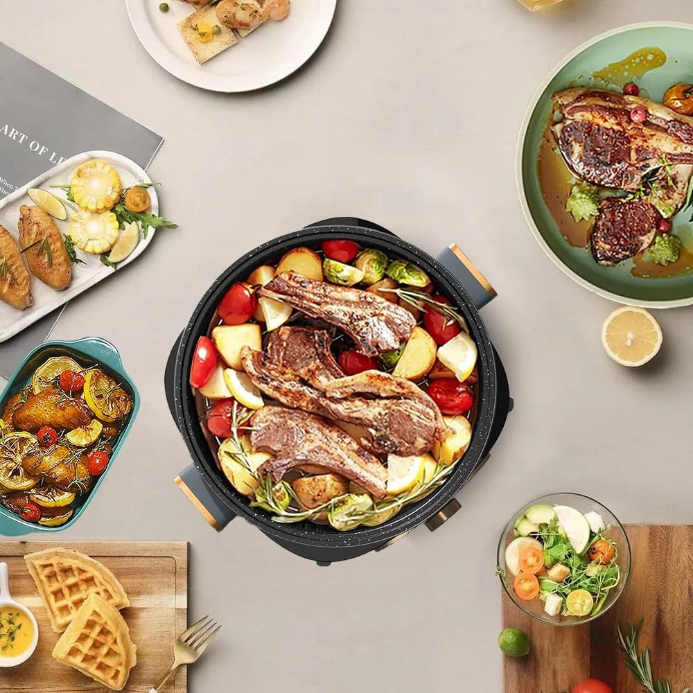 دیگ شابو شابو برقی Exrp با دیگ جداشدنی نچسب 4 لیتری، کنترل چندگانه قدرت، عمق 9 سانتی متر، درب شیشه ای مقاوم برای مهمانی، دورهمی خانوادگی و دوستانه