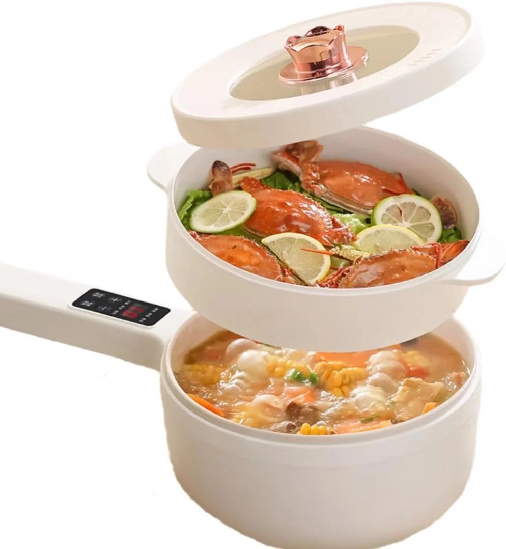 قابلمه برقی LansMoor با بخارپز، نچسب، چند منظوره، تابه برقی، تابه سرخ کردنی، قابلمه برقی، برای رامن، نودل، تخم مرغ، استیک، برنج سرخ شده، تفت دادن، بخارپز و سوپ (2 لیتر)