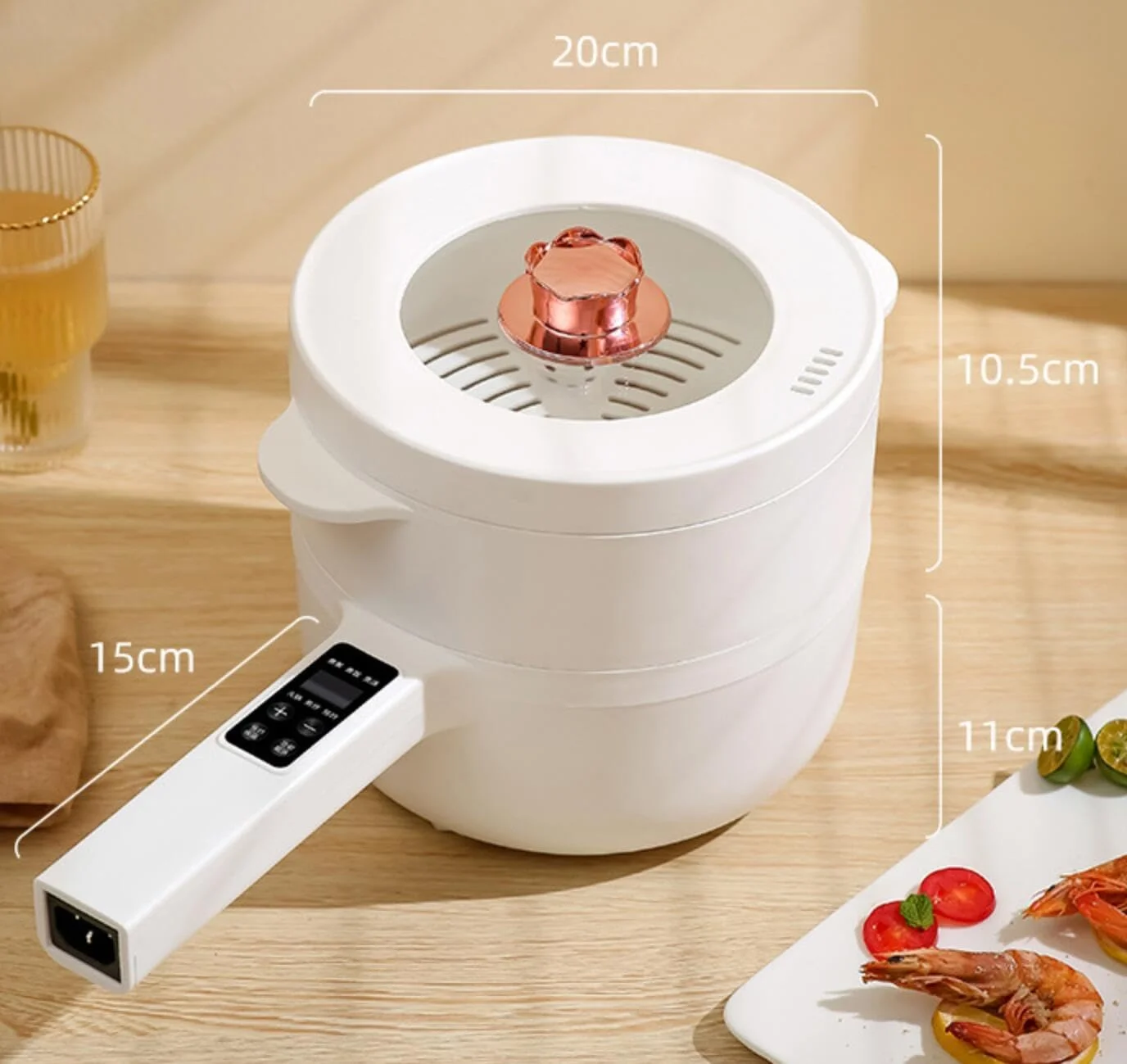 قابلمه برقی LansMoor با بخارپز، نچسب، چند منظوره، تابه برقی، تابه سرخ کردنی، قابلمه برقی، برای رامن، نودل، تخم مرغ، استیک، برنج سرخ شده، تفت دادن، بخارپز و سوپ (2 لیتر)