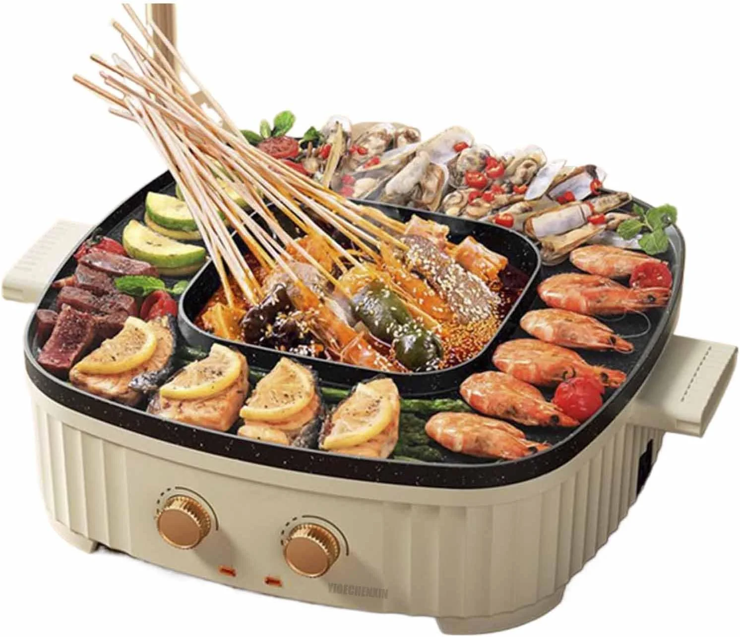 تابه گریل و هات پات نچسب بادوام YIGECHENXIN، 220 ولت/1800 وات، قابلمه باربیکیو مربع چند منظوره خانگی با کنترل دمای مستقل دوگانه، مناسب برای باربیکیو و تخم مرغ سرخ شده