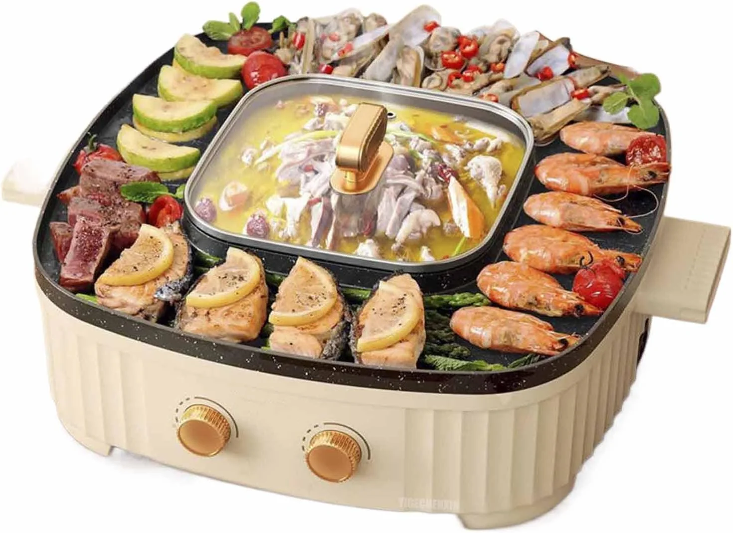 تابه پخت برقی مربع شکل ییگچن شین، 220 ولت، 1800 وات، کنترل دمای مستقل دوگانه، نچسب و کم دود، مناسب برای 10 نفر، مناسب برای دورهمی های خانوادگی